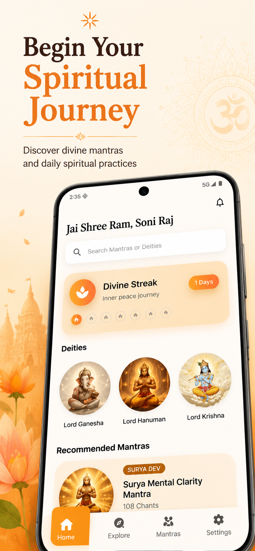 Mantraas app home screen mockup